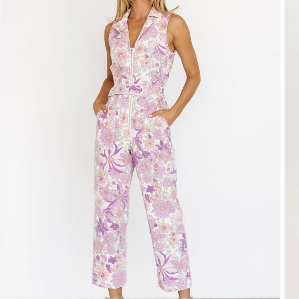 Floral Sleeveless Jumpsuit in Purple and White